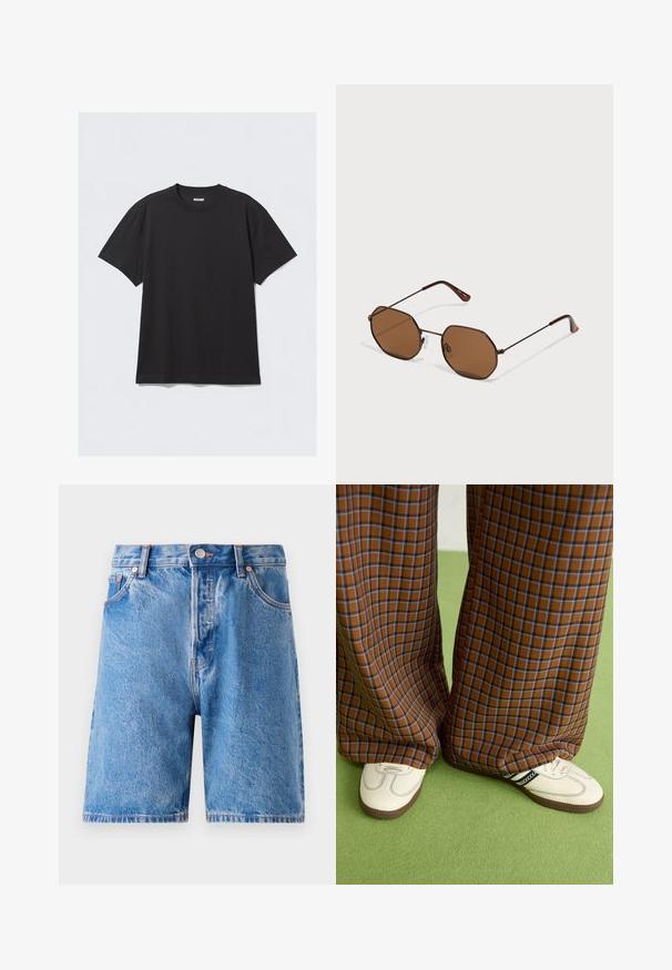 T-shirt nero a maniche corte in cotone. Presenta un collo a giro e una vestibilità comoda. Design semplice senza motivi o dettagli visibili.; Shorts in denim di un azzurro chiaro con un lavaggio sbiadito. Presentano un classico design a cinque tasche, chiusura con bottone e rivetti in tonalità rame.; Pantaloni a pieghe larghi a quadri marroni e blu abbinati a scarpe bianche con dettagli neri e suole testurizzate, posizionati su uno sfondo verde.; Occhiali da sole ottagonali marroni con sottili montature in metallo scuro, ponte del naso regolabile e lenti marroni; le aste presentano un accento arancione.