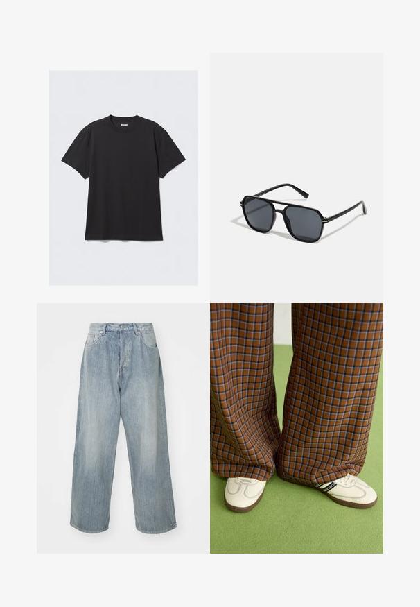 Sort kortærmet t-shirt lavet af bomuld. Har en rund halsudskæring og en afslappet pasform. Enkel design uden synlige mønstre eller accenter.; Lysblå denimjeans med løs pasform, høj talje, fem lommer og kontrasterende syninger. Har et lige ben-design og rene sømme.; Brune og blå ternede brede benbukser parret med hvide sko med sorte accenter og strukturerede såler, sat mod en grøn baggrund.; Sorte solbriller med oktagonal stel, mørke linser, blank overflade, fine stænger og guldaccenter på forsiden.