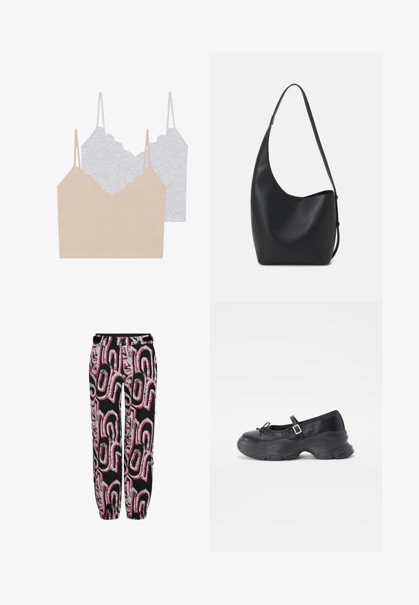 Deux tops camisoles : un beige et un gris clair. Chacun possède des bretelles fines et un décolleté festonné, fabriqués dans un tissu doux et extensible.; Pantalon noir avec un motif graphique audacieux en rose et argent. Fait en matériau léger, il dispose de poignets élastiques et d'une taille ajustée.; Chaussure Mary Jane en cuir noir avec un bout rond, un détail en nœud et une sangle de cheville ajustable. Elle possède une semelle en caoutchouc épaisse avec des accents arrondis.; Sac hobo en cuir noir avec une texture lisse, une forme incurvée et une seule sangle réglable ; dispose d'une large ouverture en haut.