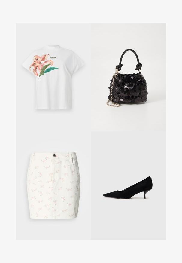 Vit bomullströja med korta ärmar, med en rosa blommönster och gröna blad på vänster sida. "Guess"-logotyp i grått ovanför mönstret.; Vitt jeanskirt med ett blommönster i rosa och grönt, med knäppning fram och sidofickor. Kort design.; Svart mocka hög klackskor med spetsig tå och en smal, låg klack. Slät textur med en elegant design, utan synlig hårdvara.; Svart paljett mini-handväska med en knuten texturerad rem och silverkedja. Rund form med samlad topp och reflekterande detaljer.