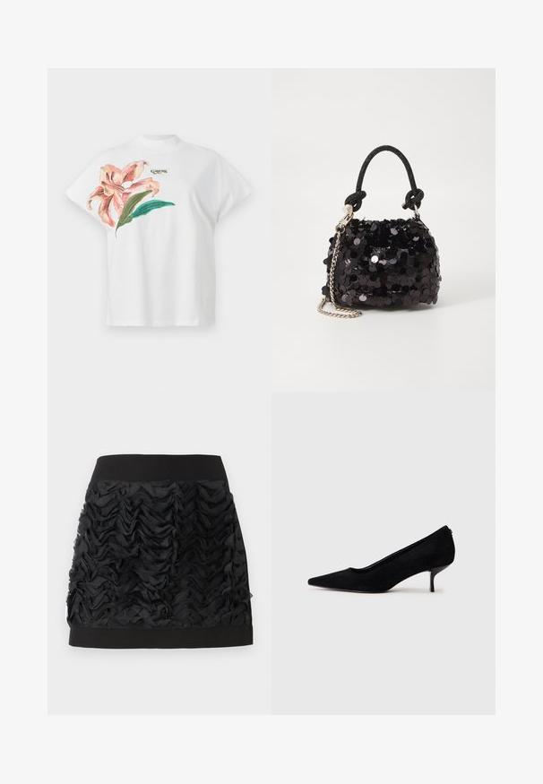 Hvit bomulls T-skjorte med korte ermer, med et rosa blomstermønster og grønne blader på venstre side. "Guess" logo i grått over designet.; Svart mini-skjørt med rynket chiffon foran, som har en glatt svart midje. Rynkene skaper tekstur og bevegelse.; Sorte semskede høyhælte sko med spiss tå og slank, lav hæl. Glatt tekstur med et elegant design, uten synlig maskinvare.; Svart paljettmini-veske med en knyttet teksturert stropp og sølvkjede. Rund form med samlet topp og reflekterende detaljer.