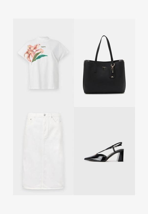 Weißes Baumwoll-T-Shirt mit kurzen Ärmeln, das auf der linken Seite ein pinkes Blumenmuster und grüne Blätter zeigt. Über dem Design befindet sich das graue "Guess"-Logo.; Weiße Jeansrock mit einem Frontreißverschluss, Fünf-Taschen-Design und geradem Schnitt mit Nähtelementen.; Schwarze lackleder Slingback-High-Heels mit spitz zulaufender Zehenpartie, verstellbarem Riemen und klobigem rechteckigem Absatz.; Schwarze Tragetasche aus strukturiertem synthetischem Material, mit zwei Griffen, einem goldenen Logo-Schild und einem kleinen Anhänger mit Akzentdetail.