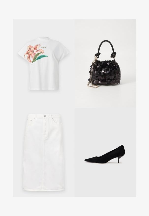 Valge puuvillane T-särk lühikeste varrukatega, millel on vasakul küljel roosa lillemuster ja rohelised lehed. Üle disaini on hall "Guess" logo.; Valge denim seelik, millel on esipoolne tõmblukk, viie taskuga disain ja sirge siluett, millel on õmblusdetailid.; Must musta kõrge kontsaga king, millel on terav varvas ja õhuke, madal konts. Sile tekstuur ja sujuv disain, ilma nähtava riistvarata.; Must have mustrõngus mustal sädelev mini käekotil on sõlme tekstuuriga rihm ja hõbedane ketis. Ümar kuju, kokku kogutud ülaosa ja peegeldav detail.