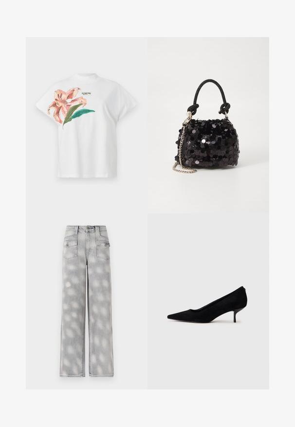 Bílá bavlněná tričko s krátkým rukávem, zdobené růžovým květinovým vzorem a zelenými listy na levé straně. Šedé logo "Guess" nad designem.; Světle šedé džíny s volnými nohavicemi, vysokým pasem, čtyřmi kapsami a vybledlým vzorem pro uvolněný střih.; Černá semišová dámská vysoká bota s špičatou špičkou a štíhlým, nízkým podpatkem. Hladký povrch s elegantním designem, bez viditelného kování.; Černá mini kabelka s flitry, s uzlovým texturovaným popruhem a stříbrným řetízkem. Zaoblený tvar s nařaseným vrchem a reflexními detaily.