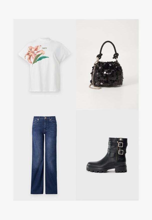 Hvit bomulls T-skjorte med korte ermer, med et rosa blomstermønster og grønne blader på venstre side. "Guess" logo i grått over designet.; Mørkeblå vide jeans laget av denim, med knappestenging, fem lommer og minimale sømdetaljer. Jevnt teksturert gjennom hele.; Svart lær ankelstøvel med doble spenne detaljer, glidelås, kraftig såle og jevn tekstur. Har et robust og stilfullt design.; Svart paljettmini-veske med en knyttet teksturert stropp og sølvkjede. Rund form med samlet topp og reflekterende detaljer.