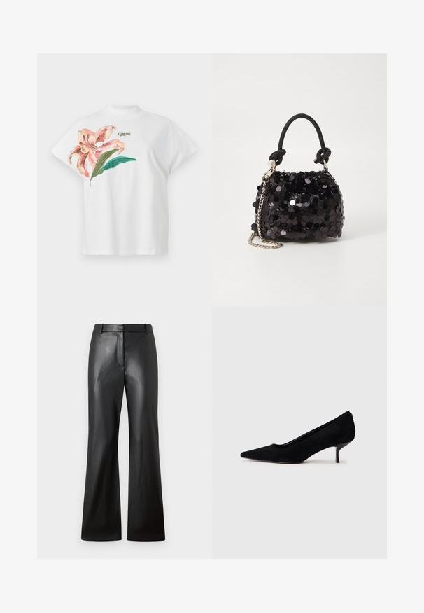 Balta medvilninė marškinėliai trumpomis rankovėmis su rožiniu gėlių raštu ir žaliais lapais kairėje pusėje. Virš rašto yra pilkas "Guess" logotipas.; Juodos odinės kelnės su lygia tekstūra, plačių kojų dizainu ir vidutinio aukščio juosmeniu, kuriame yra diržo kilpos ir priekinės kišenės.; Juodas zomšinis aukštakulnis batus su smailiu kojų pirštu ir plonu, žemu kulnu. Lygi tekstūra su elegantišku dizainu, be matomų metalinių detalių.; Juodas blizgučių mini rankinukas su mazguotu tekstūruotu dirželiu ir sidabro grandine. Suapvalinta forma su susiraukšlėtopu ir atspindinčiomis detalėmis.