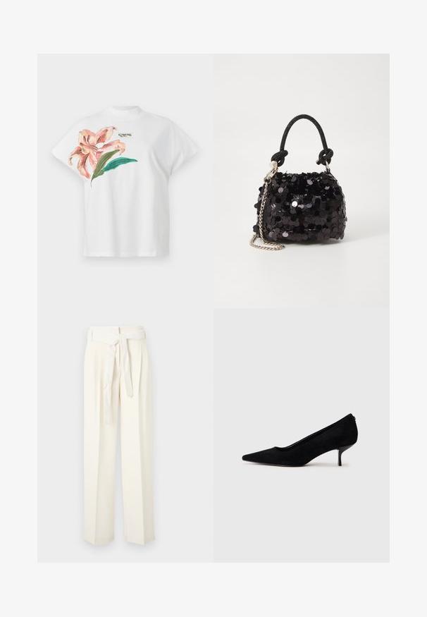 Valkoinen puuvillapaita lyhythihaisilla, jossa on vaaleanpunainen kukkakuosi ja vihreitä lehtiä vasemmalla puolella. "Guess"-logo harmaana kuosin yläpuolella.; Kermanväriset leveälahkeiset housut, joissa on vyötäröllä vyö. Valmistettu pehmeästä kankaasta, ja siinä on poimutuksia sekä sileä rakenne ilman kuvioita.; Musta mokkanahkainen korkokenkä, jossa on teräväkärkinen muotoilu ja ohut, matala korko. Pintakuvio on sileä ja yksinkertainen, eikä siinä ole näkyvää metalliosaa.; Mustan paljetti-minilaukku, jossa on solmittu teksturoidu hihna ja hopeaketju. Pyöreä muoto, joissa on rypistetty yläosa ja heijastava yksityiskohta.