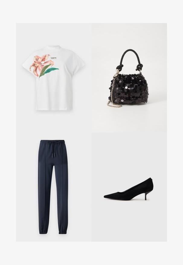 White cotton T-shirt with short sleeves, featuring a pink floral design and green leaves on the left side. "Guess" logo in gray above the design.; Navy blue jogger pants made of a smooth, lightweight material; features an elastic waistband with a drawstring and tapered ankles.; Black suede high heel shoe with a pointed toe and a slim, low heel. Smooth texture with a sleek design, featuring no visible hardware.; Black sequin mini handbag with a knotted textured strap and silver chain. Rounded shape with gathered top and reflective detailing.
