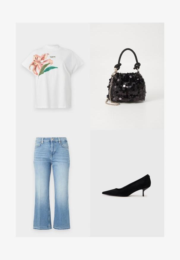 Tricou alb din bumbac cu mâneci scurte, având un design floral roz și frunze verzi pe partea stângă. Logo-ul „Guess” în gri deasupra designului.; Jeans din denim albastru deschis, cu talie înaltă, picioare late și evazate, design estompat și accente cusute pe buzunare și tiv.; Pantofii cu toc înalt din suede negru, cu vârf ascuțit și un toc subțire, jos. Textură netedă, cu un design elegant, fără hardware vizibil.; Geantă mini neagră cu paiete, cu un umar texturat înnodat și un lanț argintiu. Formă rotundă cu partea de sus adunată și detalii reflectorizante.