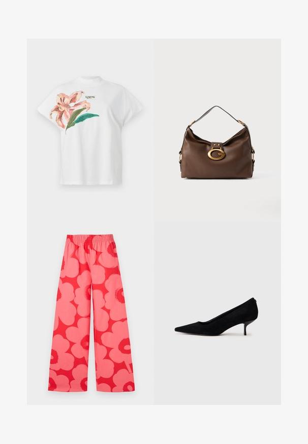 Balta kokvilnas T-kreklu ar īsām piedurknēm, kurā kreisajā pusē ir rozā ziedu raksts un zaļas lapas. Virs raksta ir pelēks "Guess" logo.; Marimekko VOIMAKUKKA UNIKKO - Auduma bikses - red/pink; Melnas zamšādas augstpapēžu kurpes ar vienu punktētu purngalu un šauru, zemu papēdi. Gluda tekstūra ar elegantu dizainu, bez redzamiem aksesuāriem.; Brūna ādas rokassoma ar teksturētu virsmu, kurai ir zelta toņa aparatūras sprādze un viena izliekta plecu siksna.