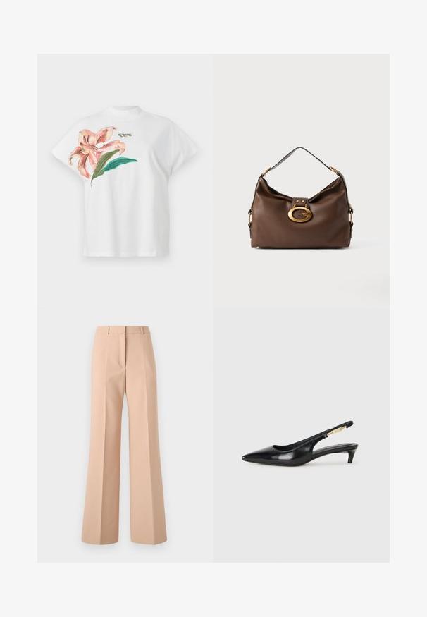 Valge puuvillane T-särk lühikeste varrukatega, millel on vasakul küljel roosa lillemuster ja rohelised lehed. Üle disaini on hall "Guess" logo.; Beige, kõrge vöökoht ja laiad säärised püksid. Valmistatud siledast kangast, esiküljel voldid ja puhas vöökoht.; Mustad nahast slingback kontsad terava ninaga, millel on õhuke konts ja kuldse tooni aktsent reguleeritaval rihmal. Sile tekstuur.; Pruun naha kott tekstuuriga pinnaga, millel on kuldse tooni sulgur ja ühekordne, kaardus õlarihm.