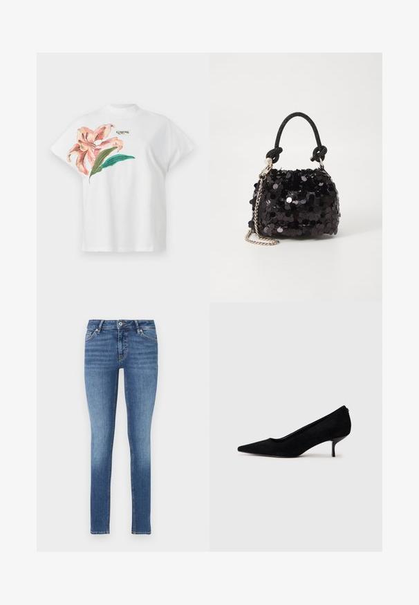 Balta kokvilnas T-kreklu ar īsām piedurknēm, kurā kreisajā pusē ir rozā ziedu raksts un zaļas lapas. Virs raksta ir pelēks "Guess" logo.; Trīskārtas džinsi, kas izgatavoti no džinsa auduma, ar vidēji zilu tonējumu, standarta piecu kabatu dizainu un redzamām vīlēm.; Melnas zamšādas augstpapēžu kurpes ar vienu punktētu purngalu un šauru, zemu papēdi. Gluda tekstūra ar elegantu dizainu, bez redzamiem aksesuāriem.; Melna spīguļota mini rokas soma ar mezglotu teksturētu siksniņu un sudraba ķēdi. Apaļa forma ar sakopotām malām un atstarojumu detaļām.