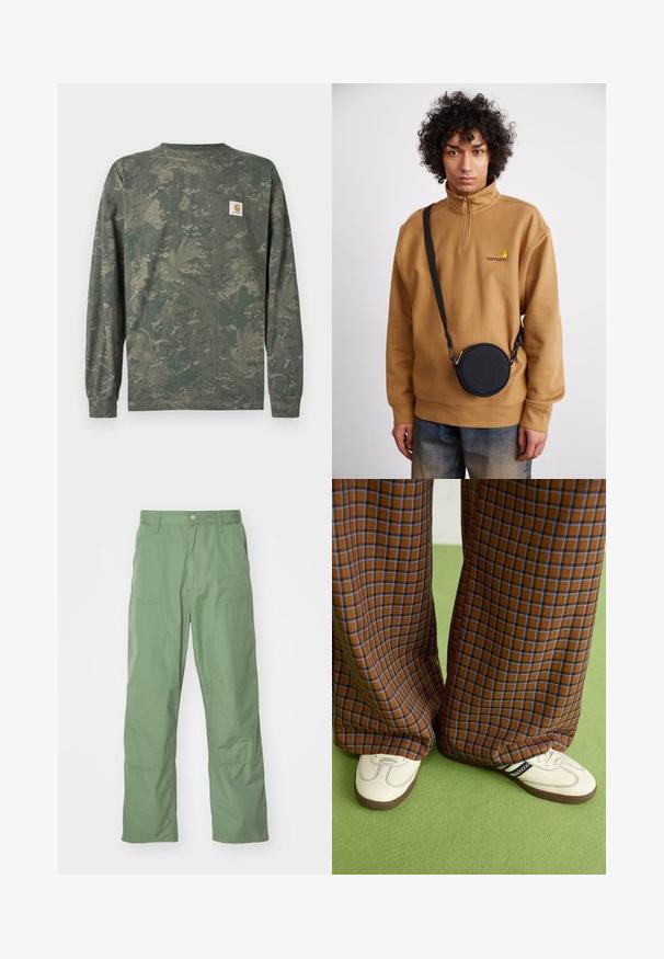 Long-sleeve camouflage shirt in green and brown tones with a small square Carhartt logo patch on the left chest.; Light green, relaxed-fit pants with a smooth texture, featuring side pockets and visible stitching details. Full-length with a straight leg design.; Brown and blue plaid wide-leg trousers paired with white shoes featuring black accents and textured soles, set against a green background.; Brown quarter-zip fleece sweatshirt with embroidered logo, featuring a black round crossbody bag with a zipper and logo detail, worn over denim.