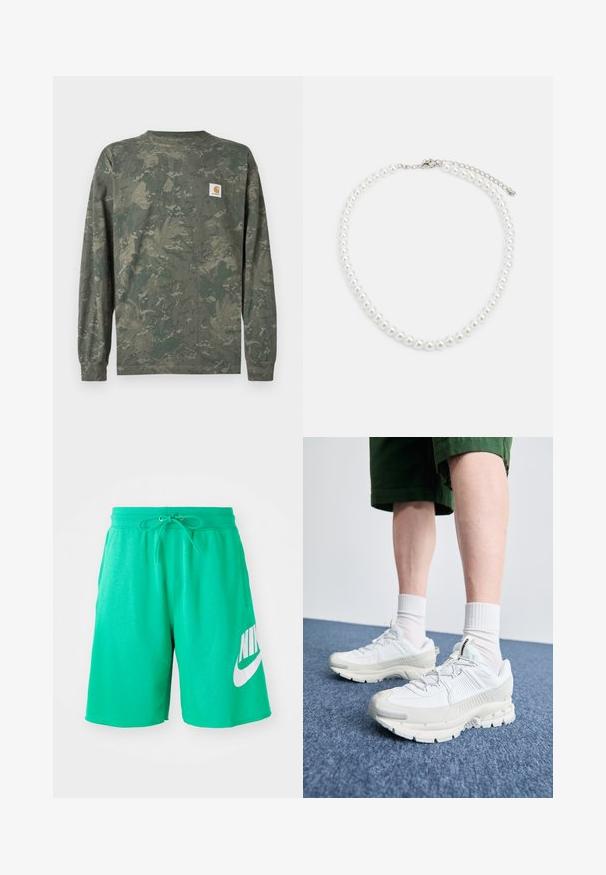 Žaliai ir rudos spalvų maskavimo rašto ilgomis rankovėmis marškinėliai su mažu kvadrato formos Carhartt logotipo pleistru kairėje krūtinės pusėje.; Žalios medvilnės šortai su elastine juosmena, kreipiančia virve ir dideliu baltu Nike logotipu kairiajame šlaunyje. Lygus paviršius, iki kelių ilgio.; Baltos sportinės bateliai su tekstūruotais uždengimais, masyviu padu ir pilkais akcentais. Dėvimi su baltais trumpais kojiniais ir žaliais šortais mėlyname paviršiuje.; Balta perlų kaklo grandinėlė, su vienodai apvalia forma, lygiu paviršiumi ir metaline sagtimi su ilginimo grandinėle, leidžiančia reguliuoti ilgį.