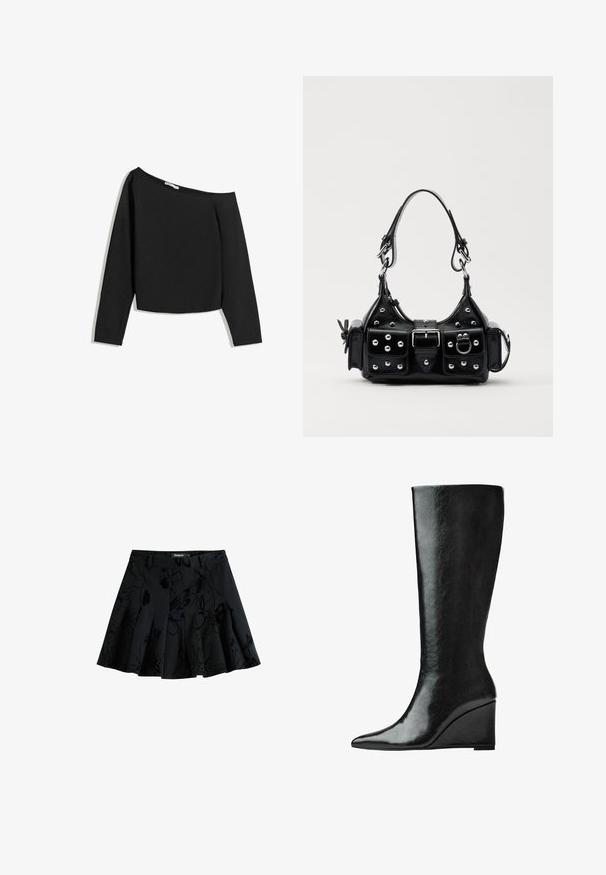 Svart av-axeln långärmad topp, gjord av mjukt tyg. Har en kortad design med vid halsringning och åtsittande ärmar.; Svart plisserad kjol med blommönster, tillverkad av ett strukturerat tyg. Har en midjeband och en dold dragkedjestängning.; Knähöga svarta läderstövlar med en slank, spetsig tå och kilklack. Ytan är slät med en glansig finish.; Svart läderhandväska med en kurvad design, prydd med silverfärgade nitar, ett spänne och två sidofickor. Justerbar rem för olika bäralternativ.