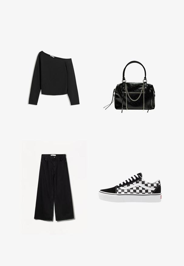 Čierny top s dlhým rukávom a odhalenými ramenami, vyrobený z mäkkej tkaniny. Má skrátený strih s širokým výstrihom a priliehavými rukávmi.; Bershka WIDE-LEG - Široké nohavice - black; Čierno-biely kockovaný plátený teniska s akcentmi z čierneho semišu, bielymi šnúrkami a gumenou podrážkou. Božský logotyp má kontrastný dizajn.; Bershka WITH CHAIN - Kabelka - black