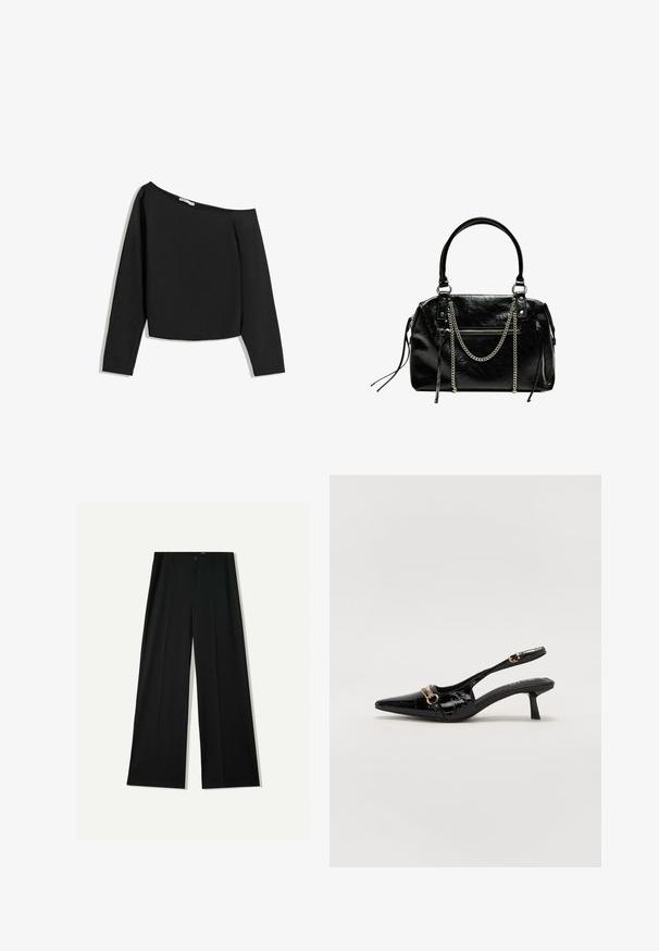 Top lungo nero con spalle scoperte, realizzato in tessuto morbido. Presenta un design corto con scollo ampio e maniche aderenti.; Bershka WIDE - Pantaloni - black; Décolleté slingback in vernice nera con punta affusolata, tacco basso e dettagli in metallo dorato sulla striscia anteriore. Texture liscia.; Bershka WITH CHAIN - Borsa a mano - black
