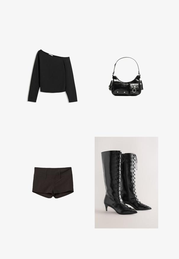 Mustat olkapäiltä paljaat pitkähihaiset paidat, jotka on valmistettu pehmeästä kankaasta. Ominaisuuksiin kuuluu lyhyt malli, jossa on leveä kaula-aukko ja tiukat hihat.; Mustat puuvillahousut, joissa on tiukka malli, sileä pinta ja kaksi etutaskua. Keskikorkea vyötärö ja ei havaittavia kuvioita.; Mustat polven korkeudelle ulottuvat nahkasaappaat, joissa on terävät kärjet, sivulla nauhoituselementti ja pieni matala korko.; Mustekko mustasta kiiltonahasta valmistettu käsilaukku, jossa on kaareva muoto, yksi olkahihna, etutaskut ja hopeanväriset yksityiskohdat.