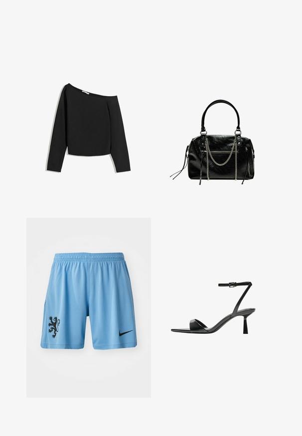 Zwarte off-shoulder lange mouwen top, gemaakt van zachte stof. Heeft een cropped ontwerp met een brede hals en aansluitende mouwen.; Lichtblauwe sportshorts van ademend materiaal, met een zwart leeuwembleem op het linkerbeen en een zwart Nike-logo op de rechterkant.; Bershka Sandalen met hoge hak - black; Bershka WITH CHAIN - Handtas - black