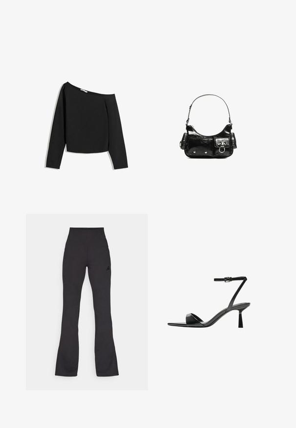 Black off-the-shoulder long-sleeve top, made from soft fabric. Features a cropped design with a wide neck and fitted sleeves.; Black high-waisted flared pants made from smooth fabric, featuring a small black logo on the left side and solid color design.; Bershka High heeled sandals - black; Black patent leather handbag with a curved shape, one shoulder strap, front pockets, and silver-tone hardware accents.