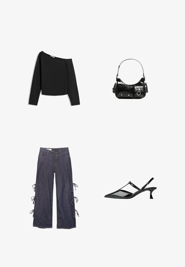 Črna bluzica brez naramnic z dolgimi rokavi, izdelana iz mehkega materiala. Ima kratko zasnovo širokega izreza in oprijetimi rokavi.; Denim široke hlače v temno modri barvi z stranskimi vezavami in gumbnim zapiranjem. Imajo sprednje žepke in sproščen silhueto.; Črne lakirane slingback petke s koničastim prstom, prečnim trakom in zoženim srednje visokim petam. Gladek, sijoč zaključek s izrezljanim detajlom.; Črna lakasta usnjena torbica s ukrivljeno obliko, enim ramenskim trakom, sprednjimi žepi in srebrnimi kovinskimi dodatki.