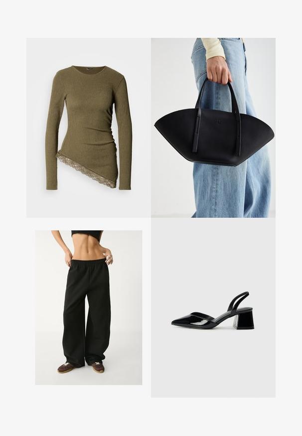 Oljčno zelena majica z dolgimi rokavi iz teksturirane rebraste tkanine, z asimetričnim robom in čipkastim okrasjem na spodnjem robu.; Črne, široke trenirke z elastičnim pasom. Narejene iz mehkega blaga in imajo sproščen kroj. Ujemajo se z rjavimi supergami.; Črne lakirane slingback pete s koničastim nosom in geometrijsko blokasto peto. Imajo eleganten, minimalističen dizajn in gladko teksturo.; Črna usnjena torbica z edinstveno obliko ventilatorja, z ravnimi ročaji. Površina ima teksturo z drobnimi kamni in minimalističen dizajn.