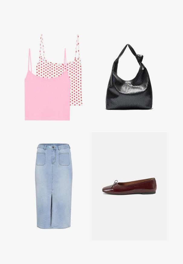 Două topuri fără mâneci: unul roz solid cu textură ribbată și unul alb cu imprimeu de inimioare roșii. Fiecare are bretele subțiri și o mică fundiță decorativă.; Fustă midi din denim de culoare albastră deschisă, cu o fante frontală, cinci buzunare și o talie ajustată cu curea și închidere cu nasture.; Balerini din piele patent burgund cu vârful rotund, accent de fundiță mică în față și talpă joasă din cauciuc negru. Textură netedă.; Geantă din piele împletiță neagră, cu un design lejer, prezentând o curea legată și un mic stud decorativ de culoare aurie în partea de sus.