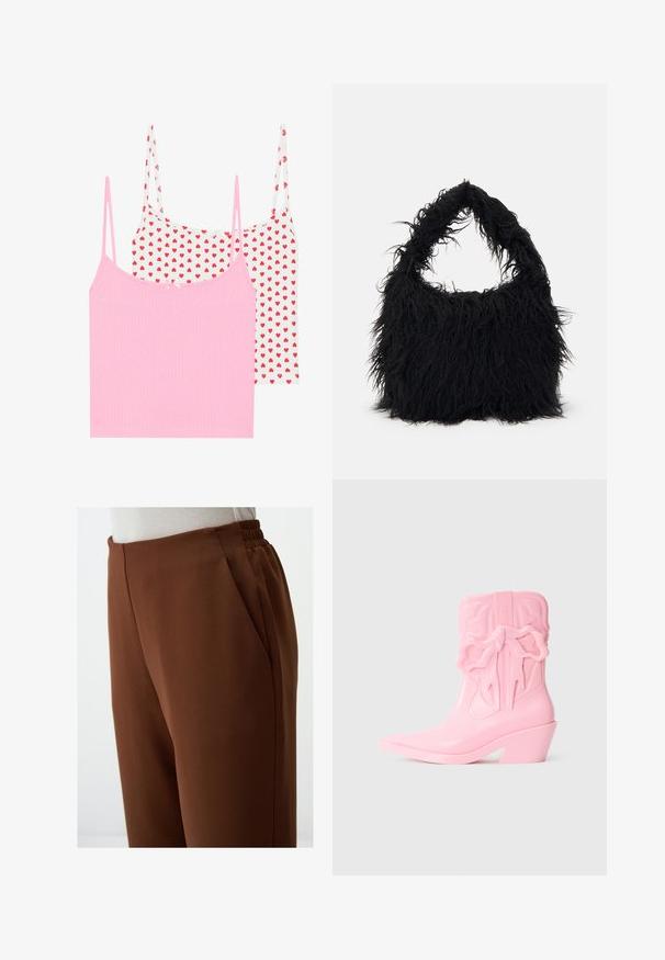 Two tank tops: one solid pink with ribbed texture, and one white with red heart print. Each has thin straps and a small decorative bow.; Brown high-waisted trousers with a smooth texture, featuring side pockets and an elasticated waistband for comfort.; Pink plastic cowboy boot with a pointed toe and a chunky heel. Features a raised bow detail on the side and embossed branding. Smooth texture.; Even&Odd Tote bag - black