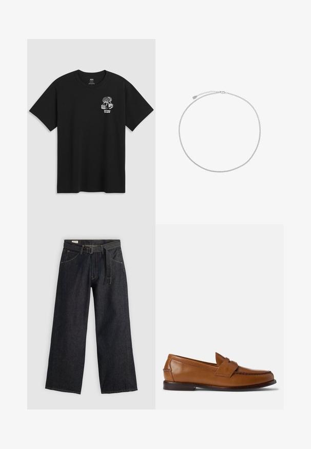 Juodas medvilnės marškinėliai su balta grafika, vaizduojančia medį ir batą. Apykaklė su apvaliu iškirpimu, trumpomis rankovėmis ir laisva fasonu.; Tamsaus džinsinio audinio plačių kojų kelnės su dirželiu juosmens srityje, turinčios priekinės kišenes ir kontrastingą siuvinėjimą. Sklandus paviršius su tvarkingu dizainu.; Rudos odinės loafer'iai su plokščiu padu, apvaliu pirštu ir dekoratyvine siuvinėta danga. Turite siuvinėtas detales per viršų ir sklandų paviršių.; Sidabrinė grandinėlė su plona, lygia tekstūra. Vyksta standartinis užsegimas ir reguliuojamas ilgis su prailginimo grandinėle.