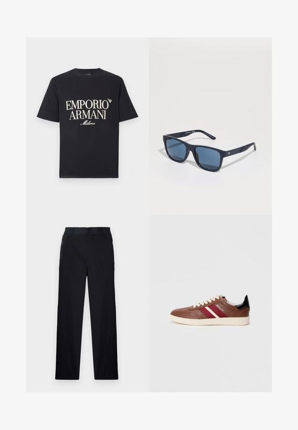 T-shirt en coton noir avec un grand motif contrastant crème "EMPORIO ARMANI Milano" sur le devant et un petit logo sur la poitrine.; Pantalon noir en tissu léger et texturé, avec une coupe droite, une taille élastique et des poches zippées sur les côtés.; Baskets en cuir brun avec des bandes blanches et bordeaux, lacets beiges et accent noir au talon. Dotées d'une semelle en caoutchouc et d'une texture lisse.; Lunettes de soleil rectangulaires bleues avec verres foncés, monture mate marine, détail de logo sur la branche, branches droites et texture lisse et uniforme.
