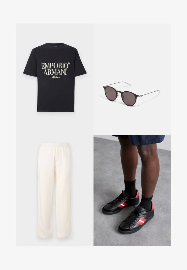 Tricou negru din bumbac, cu un grafic mare, contrastant, în culoarea crem, "EMPORIO ARMANI Milano" pe față și un logo mic pe piept.; Pantaloni ușori, de culoare crem, cu un brâu elastic, design cu picioare drepte și o textură subtilă. Nu au buzunare vizibile.; Pantofi sport din piele neagră cu dungi roșii și albe, vârf rotund, șireturi negre și un finisaj texturat. Accentuati cu un logo pe lateral.; Ochelari de soare negri rotunzi cu lentile întunecate și brațe metalice subțiri. Include vârfuri transparente pentru brate și accente argintii la balama. Design minimalist.