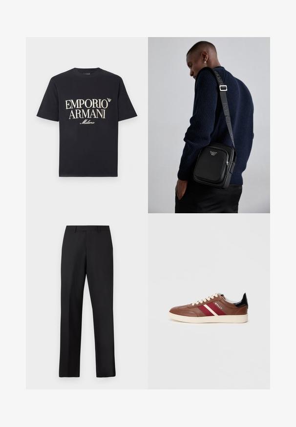Sort bomulds-T-shirt med en stor, kontrasterende cremefarvet "EMPORIO ARMANI Milano"-grafik på forsiden og et lille logo på brystet.; Sorte bukser med lige ben lavet af glat stof. Har en almindelig linning og ingen synlige mønstre eller detaljer.; Brune lædersneakers med hvide og burgunder striber, beige snørebånd og en sort hælkant. Har en gummisål og en glat tekstur.; Sort læder crossbody taske med en lynlåslomme, logodetalje og en justerbar rem med brandnavn. Båret over en tekstureret marineblå sweater.
