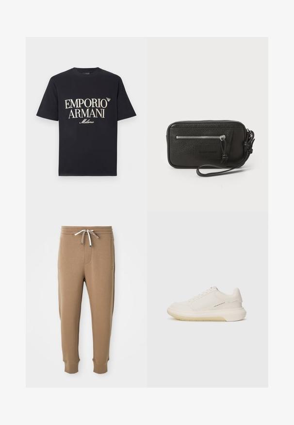 Črna bombažna majica s širokim kontrastnim kremnim napisom "EMPORIO ARMANI Milano" spredaj in majhnim logotipom na prsih.; Svetlo rjavi jogger hlače z elastičnim pasom, belimi in rjavimi vrvicami, stranskimi žepi in zategnjenimi gležnji na beli podlagi.; Bela športna obutev z gladkim usnjem, okroglo konico in debelim gumijastim podplatom. Ima minimalne šive in diskretno logotipno podrobnost na strani.; Črna usnjena torbica s teksturirano površino, sprednjim žepom z zadrgo in odstranljivo zapestnico. Ima logotip na sprednji strani. Pravokotna oblika.