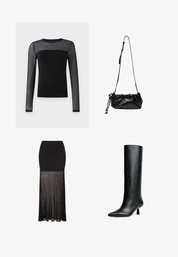 Crna majica dugih rukava s čvrstim tijelom i prozirnim mrežastim rukavima, okruglim izrezom i uskim krojem.; Crna suknja s uskim topom i naboranim, prozirnim donjim dijelom. Glatka tekstura iznad prelazi u lepršav, teksturiran izgled ispod.; Crne čizme do koljena od teksturirane kože. Imaju špicasti vrh i mali, rašireni potplat. Elegantnog su, glatkog dizajna s minimalnim naglascima.; Crna kožna torba s nabranim vrhom, podesivim remenom i ukrasnim resicama. Glatka tekstura i kompaktan dizajn za lakše nošenje.