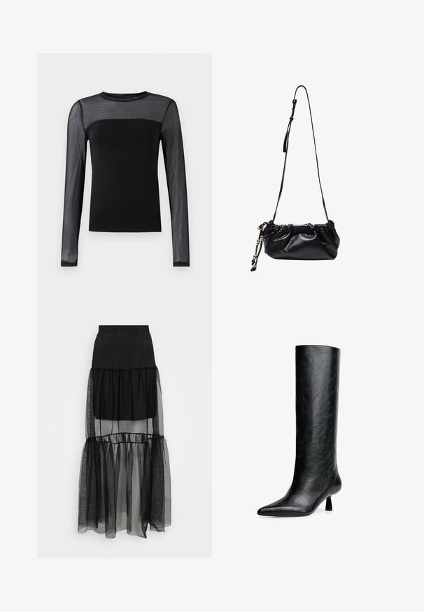 Top lungo nero a maniche lunghe con corpo solido e maniche in rete trasparente, colletto rotondo e design slim fit.; Gonna nera a strati con sezione inferiore trasparente e texturizzata, vita elastica e design fluente. Realizzata in materiali leggeri.; Stivale nero al ginocchio realizzato in pelle testurizzata. Caratterizzato da una punta affilata e un tacco piccolo e svasato. Design elegante e liscia con accentuazioni minime.; Borsa a mano in pelle nera con design arricciato. Dotata di una tracolla lunga regolabile e dettagli decorativi in metallo. Texture liscia.