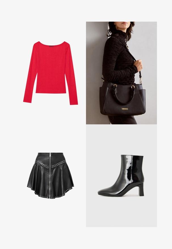 Rotes Langarmoberteil aus geripptem Material, mit weitem Halsausschnitt und figurnaher Silhouette. Glatte Textur mit vertikalen Streifen.; Schwarzer Leder-Minirock mit ausgestelltem Design, silbernen Nieten entlang des Saums und der Taille sowie einem Reißverschluss auf der Vorderseite. Glatte Textur über das gesamte Material.; Schwarzer Lackleder-Stiefelette mit spitzer Zehe und einem mittelhohen Blockabsatz. Glatte Textur und minimalistisches Design.; Schwarze Handtasche mit strukturierten Oberflächen, doppelten Obergriffen und verstellbarem Schultergurt. Mit goldfarbener Hardware und Seitentaschen.