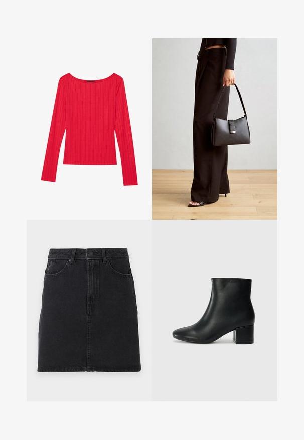 Raudona ilgomis rankovėmis viršutinė dalis, pagaminta iš šonkauliuotės audinio, su plačiu iškirpimu ir prigludusia siluetu. Lygus audinys su vertikaliomis juostelėmis.; Juoda džinsinė sijonas su tiesiu kirpimu, su priekiniais mygtukais ir užtrauktuku, dviem priekiniais kišenėmis ir paprastomis siuvimo detalėmis.; Juodos odinės aulinės botai su smailiu priekiniu pirštu ir storu kulnu. Lygus tekstūra su minimaliomis detalėmis ir elegantišku, tvirtai priglundančiu dizainu.; Juodas rankinė struktūrizuota forma, lygi tekstūra ir metalinis užsegimas. Suporuota su plačiomis juodomis kelnėmis ir atvirais bateliais ant medinių grindų.