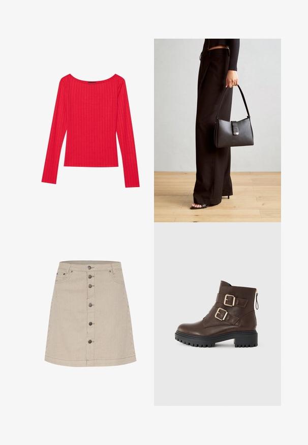 Punane pikakäistega topp ribatud kangast, millel on lai kaelus ja keha lähedane siluett. Sile tekstuur, vertikaalsed triibud.; Beige triibuline teksaseelik, millel on laienev kuju, esitukse sulgemine, kaks küljetaskut ja peened õmblusdetailid.; Pruun nahast pahkluu saapad kuldsete pandlade, tõmbluku ja karmide mustade kummitaldadega. Omab tekstuurset viimistlust ja voolujoonelist siluetti.; Must musta kott, millel on struktureeritud kuju, sile tekstuur ja metallist klamber. Kombineeritud laiate mustade pükstega ja avatud varvaste sandaalidega puidust põrandal.