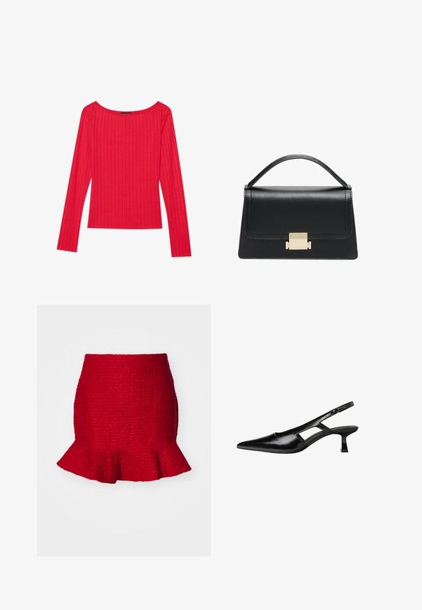 Červený dlhý rukáv top vyrobený z rebrovanej tkaniny, so širokým výstrihom a priliehajúcou siluetou. Hladká textúra s vertikálnymi pruhmi.; Červená textúrovaná mini sukňa s volánovým lemom. Vyrobená z tkaniny, má priliehavý strih a jemný vzor po celom povrchu.; Čierne lakované kožené lodičky na podpätku s špicatou špičkou, výrezovým dizajnom na boku a malým štvorcovým podpätkom. Hladký povrch s minimálnymi akcentmi.; Čierna kožená kabelka so štruktúrovaným prevedením, horným madlom a detailom zlatého kovového uzáveru na prednej strane. Hladká textura, minimálne šitie.