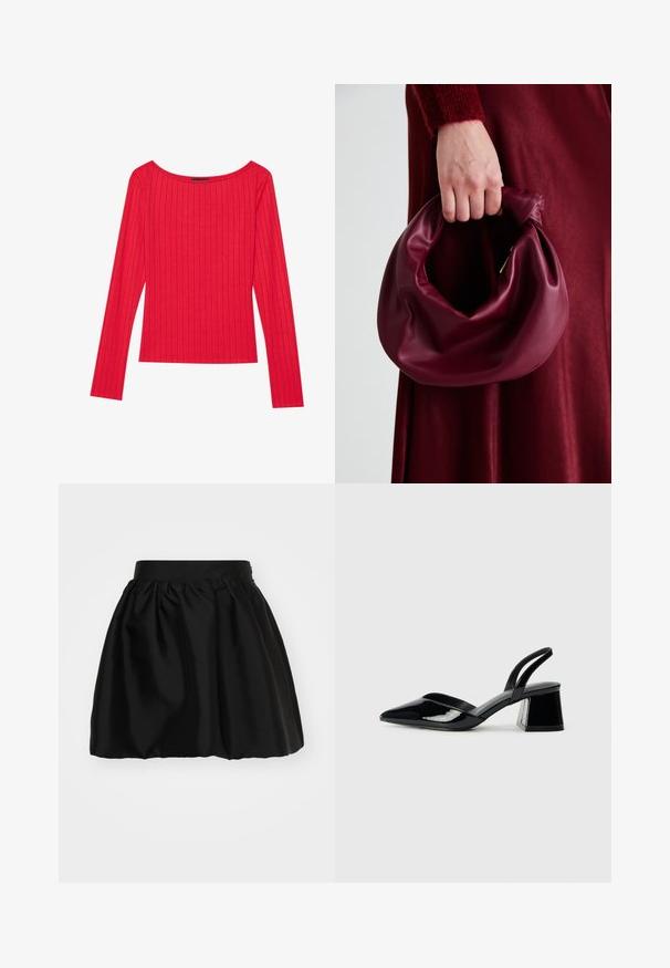 Top vermelho de manga longa feito de tecido canelado, apresentando um decote largo e silhueta ajustada. Textura suave com riscas verticais.; A saia de cetim preta apresenta um design franzido, uma textura lisa e uma cintura larga. A bainha é ligeiramente evasê para adicionar volume.; Sandy em verniz preto com salto slingback, ponta afilada e salto geométrico. Apresenta um design elegante e minimalista com textura suave.; Bolsa de couro bordô com um design suave e franzido, e uma forma arredondada. A alça é fixa, apresentando uma textura suave.