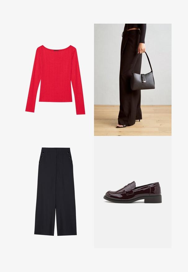 Raudona ilgomis rankovėmis viršutinė dalis, pagaminta iš šonkauliuotės audinio, su plačiu iškirpimu ir prigludusia siluetu. Lygus audinys su vertikaliomis juostelėmis.; Platus kojas kelnes tamsiai mėlynos spalvos audiniu, pasižyminčiu lygiu paviršiumi, su priekine kloste ir dekoratyviais auksinės spalvos žiedais šonuose esančiose kišenėse.; Bordo lakinės odos loafer'iai su žemu blokiniu kulnu, su tradiciniu siuvinėjimu ir juostele per vampą.; Juodas rankinė struktūrizuota forma, lygi tekstūra ir metalinis užsegimas. Suporuota su plačiomis juodomis kelnėmis ir atvirais bateliais ant medinių grindų.