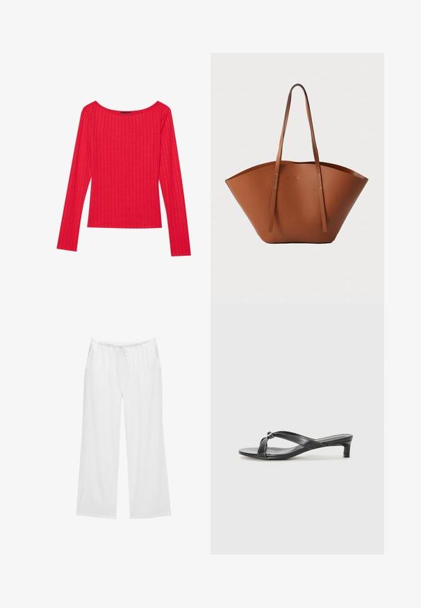 Punainen pitkähihainen paita, joka on valmistettu ribbatusta kankaasta. Siinä on leveä kaula-aukko ja tiukka siluetti. Sileä pinta, jossa on pystysuorat raidat.; Valkoiset leveät housut, jotka on valmistettu pehmeästä kankaasta. Niissä on joustava vyötärö, jossa on naru, sekä kaksi sivutaskua. Yksinkertainen ja raikas muotoilu.; Mustat korot sandaalit, joissa on ristikkäinen nauhadesign sileästä synteettisestä materiaalista. Ominaisuuksia ovat matala lohkarekorko ja koristeellinen yksityiskohta nauhan ristisijassa.; Ruskea nahkabandi, jossa on leveä, jämäkkä muoto, ohuet kahvat ja teksturoitu pinta. Minimalistinen muotoilu, jossa ei ole näkyvää metalliosaa.