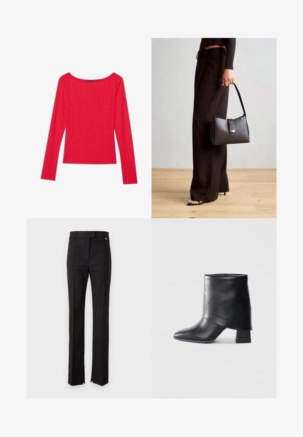 Punane pikakäistega topp ribatud kangast, millel on lai kaelus ja keha lähedane siluett. Sile tekstuur, vertikaalsed triibud.; Mustad mustriga mustad püksid, sirge säärte kujundusega, millel on vöökoht nupuga kinnitus ja külgslõiked allääres.; Mustad nahast pahkluuring, millel on terav varvas, sile tekstuur ja struktureeritud plokknakk. Omab kõrget, volditud suud.; Must musta kott, millel on struktureeritud kuju, sile tekstuur ja metallist klamber. Kombineeritud laiate mustade pükstega ja avatud varvaste sandaalidega puidust põrandal.