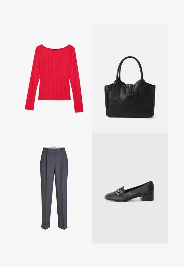 Piros, hosszú ujjú felső bordás anyagból, széles nyakkivágással és testhez álló szabással. Sima textúrájú, függőleges csíkokkal.; Sötétszürke, egyenes szárú nadrág, pleátolt elülső résszel és felhajtott szárakkal. Kellemes tapintású anyagból készült, klasszikus derékrésszel rendelkezik.; Fekete bőr loaferek lapos talppal, dekoratív arany hardware részlettel az elején és sima felülettel.; Fekete bőr bevásárlótáska sima textúrával, strukturált formával, két fogantyúval és egy figyelemfelkeltő ezüst csattal az elején.