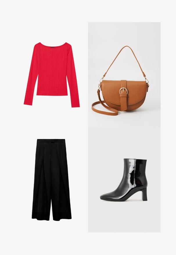 Top roșu cu mâneci lungi, realizat dintr-un material ribetat, având un decolteu larg și o siluetă ajustată. Textură netedă cu dungi verticale.; Pantaloni largi negri cu talie înaltă, având pliuri frontale, o textură netedă și un brâu ajustat. Fără buzunare vizibile.; Botine negre din piele lacuită, cu vârful ascuțit și toc bloc de înălțime medie. Textură netedă și design minimalist.; Geantă din piele maro, tip crossbody, cu o formă curbată, accesorii aurii și un accent cu cataramă. Dispune de un curea de umăr detașabilă.