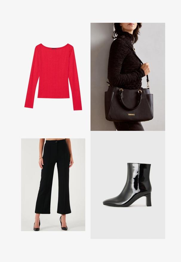 Maglietta rossa a maniche lunghe in tessuto a costine, con scollatura ampia e silhouette aderente. Texture liscia con strisce verticali.; Pantaloni neri a gamba larga con vita alta, chiusura frontale con bottone e dettagli cuciti. Realizzati in un tessuto liscio e strutturato.; Stivaletto in pelle verniciata nera con punta a punta e tacco a blocco di altezza media. Texture liscia e design minimalista.; Borsa nera con superficie texturizzata, manici superiori doppi e tracolla regolabile. Dotata di hardware color oro e tasche laterali.