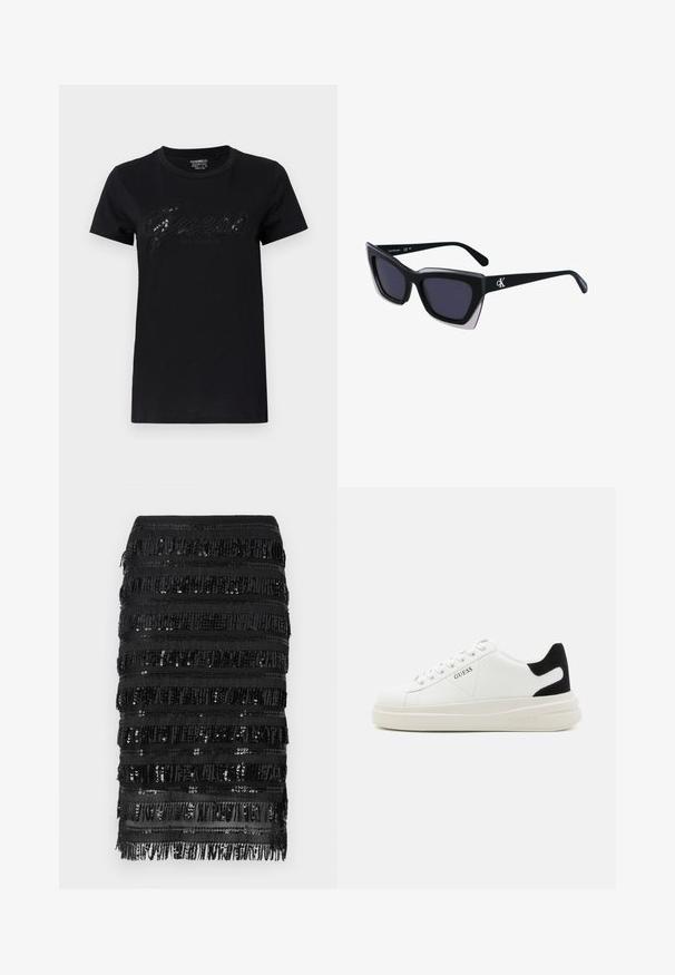 Černé tričko s krátkými rukávy, s lesklým logem "Guess" napsaným kurzívou a "Los Angeles" pod ním, vyrobené z měkkého bavlněného materiálu.; Černá mini sukně s třásněmi a flitry, která je zdobená vrstvami horizontálních pruhů látky a třpytivými akcenty pro texturu a detail.; Bílé kožené tenisky s tlustou bílou podrážkou, černým semišovým akcentem na patě a vyraženým logem na boku. Šněrovací design se šesti očka.; Černé oversized sluneční brýle geometrického tvaru, s tmavými skly a kontrastním šedým detailem na rámu. Logo na rameni.