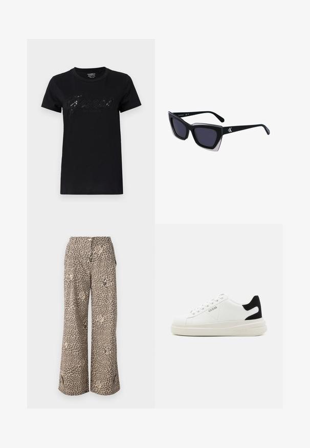 Černé tričko s krátkými rukávy, s lesklým logem "Guess" napsaným kurzívou a "Los Angeles" pod ním, vyrobené z měkkého bavlněného materiálu.; Široké kalhoty s leopardím potiskem v odstínech hnědé a béžové, vyrobené z měkkého materiálu, s bočními kapsami a knoflíkovým zapínáním v pase.; Bílé kožené tenisky s tlustou bílou podrážkou, černým semišovým akcentem na patě a vyraženým logem na boku. Šněrovací design se šesti očka.; Černé oversized sluneční brýle geometrického tvaru, s tmavými skly a kontrastním šedým detailem na rámu. Logo na rameni.