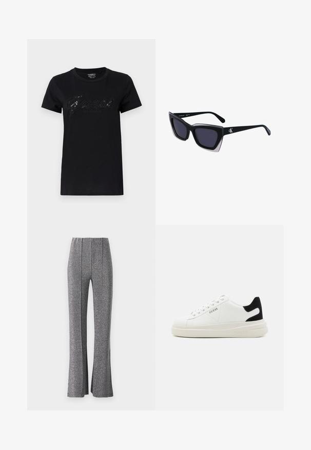 Camiseta negra de manga corta, con un brillante logo en cursiva de "Guess" y "Los Ángeles" debajo, hecha de un suave material de algodón.; Pantalones acampanados en una tela texturizada de color gris metálico. Tienen una cintura alta y pliegues frontales, proporcionando una silueta ajustada.; Zapatillas blancas de cuero con una suela blanca gruesa, acento en el talón de ante negro y logo grabado en el lateral. Diseño de cordones con seis ojales.; Gafas de sol negras de gran tamaño con una forma geométrica, que presentan lentes oscuros y un detalle gris contrastante en la montura. Logo en la pata.