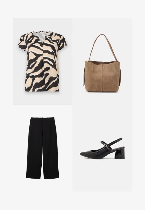 Short-sleeved top with a V-neckline, featuring a black, beige, and white abstract zebra print on soft fabric. Casual fit.; Black wide-leg trousers made of a textured fabric with a high waist, featuring front pleats and a clean design. No visible pockets or hardware.; Black patent leather slingback heels with a pointed toe, a rounded cutout design, and a block heel. Features a gold-tone buckle accent.; Brown suede tote bag with a soft texture, open top, and a single shoulder strap. Features a smooth finish and minimal detailing.
